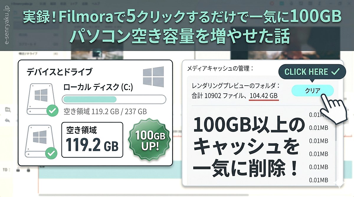 実録！Filmoraで５クリックするだけで一気に100GBパソコン空き容量を増やせた話