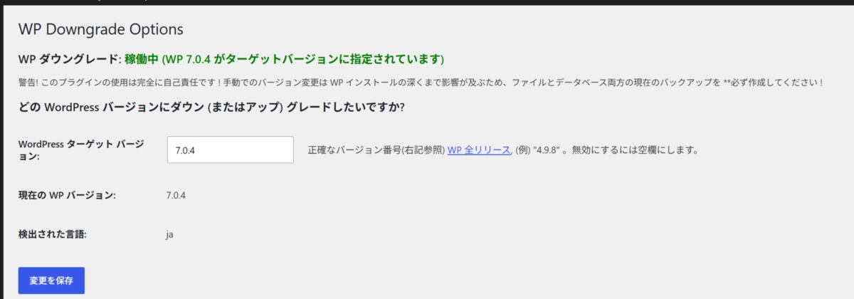 バージョン番号を入力した設定画面